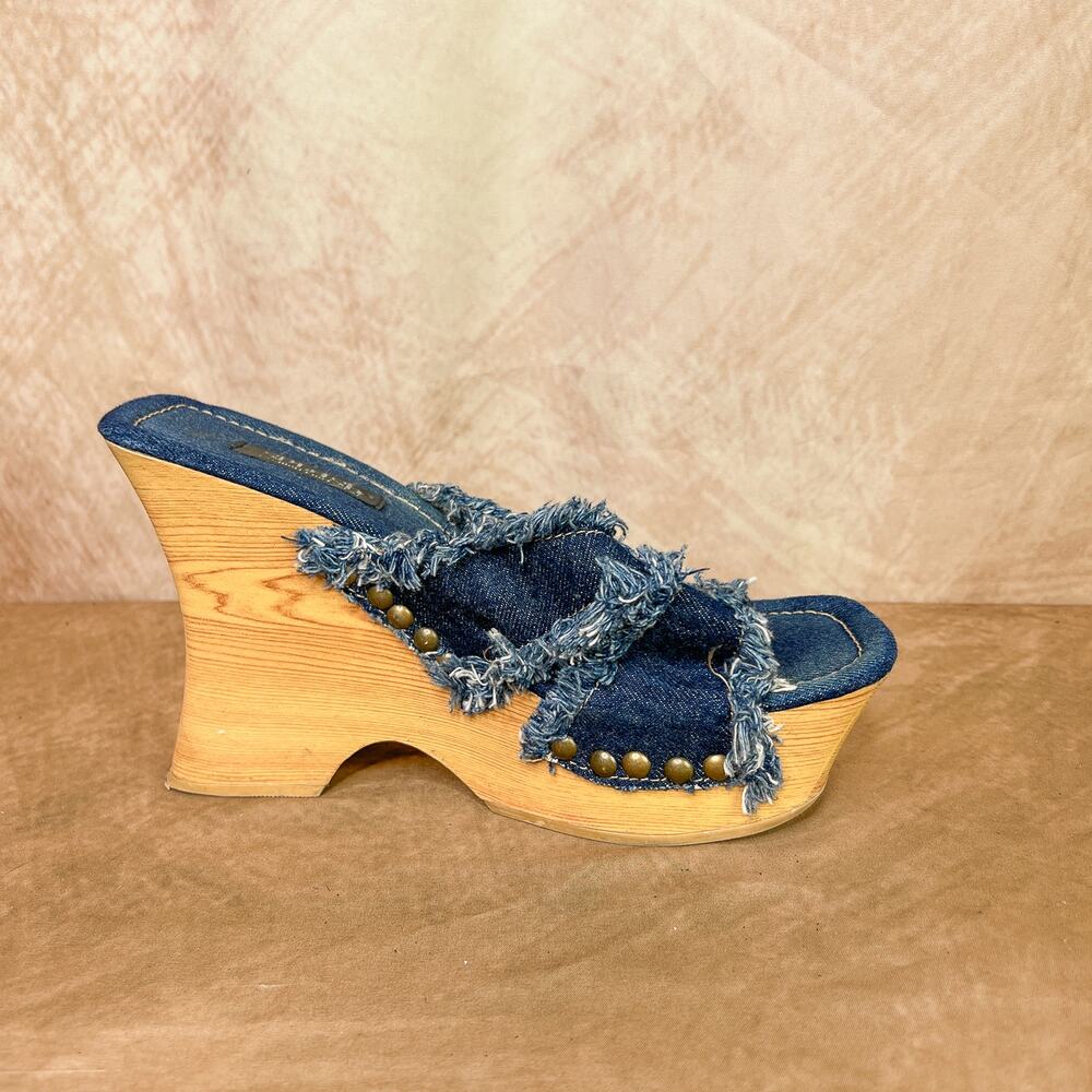 Vintage Y2K Splash Denim Fringe Wedge Platform Sandals High Heels 90s Studded - Picture 7 of 11